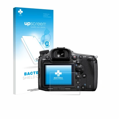 Face avant d’un emballage produit avec le logo de la marque upscreen. À côté, l’appareil Sony Alpha 99 est représenté avec la 