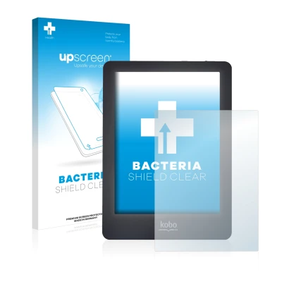 Face avant d’un emballage produit avec le logo de la marque upscreen. À côté, l’appareil Kobo Glo est représenté avec la prote