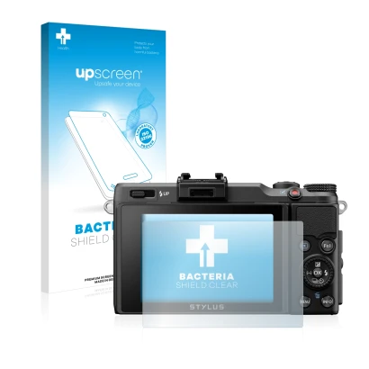 Face avant d’un emballage produit avec le logo de la marque upscreen. À côté, l’appareil Olympus Stylus XZ-2 est représenté av