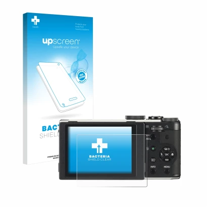 Face avant d’un emballage produit avec le logo de la marque upscreen. À côté, l’appareil Pentax MX-1 est représenté avec la pr