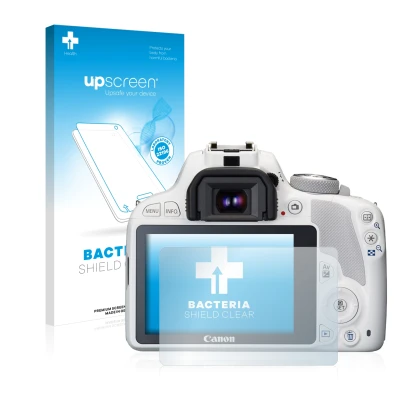 Face avant d’un emballage produit avec le logo de la marque upscreen. À côté, l’appareil Canon EOS 100D est représenté avec la