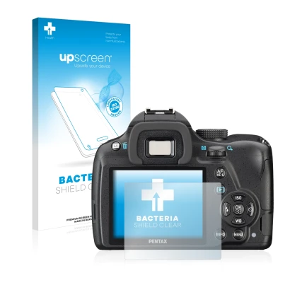 Face avant d’un emballage produit avec le logo de la marque upscreen. À côté, l’appareil Pentax K-50 est représenté avec la pr
