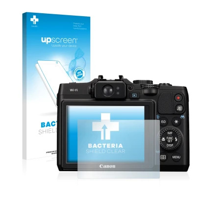 Face avant d’un emballage produit avec le logo de la marque upscreen. À côté, l’appareil Canon PowerShot G16 est représenté av