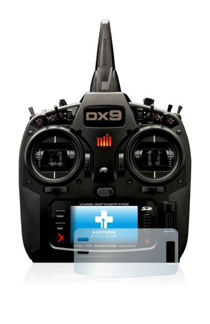 Image de l'appareil Spektrum DX9 avec une grande variété de protections d'écran.