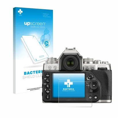 Face avant d’un emballage produit avec le logo de la marque upscreen. À côté, l’appareil Nikon Df est représenté avec la prote