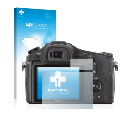 Face avant d’un emballage produit avec le logo de la marque upscreen. À côté, l’appareil Sony Cyber-Shot DSC-RX10 est représen