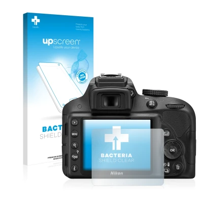 Face avant d’un emballage produit avec le logo de la marque upscreen. À côté, l’appareil Nikon D3300 est représenté avec la pr