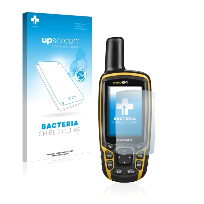 Face avant d’un emballage produit avec le logo de la marque upscreen. À côté, l’appareil Garmin GPSMAP 64 est représenté avec 
