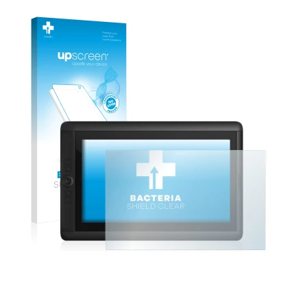 Face avant d’un emballage produit avec le logo de la marque upscreen. À côté, l’appareil Wacom Cintiq 13 HD est représenté ave