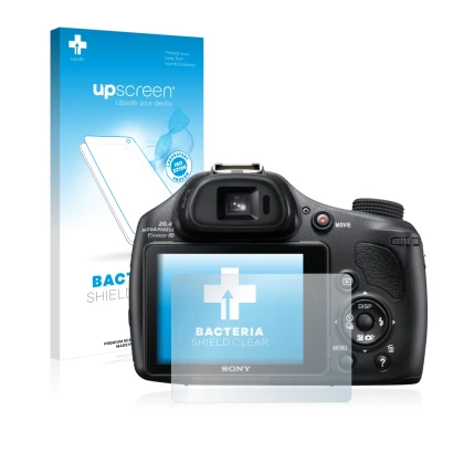 Face avant d’un emballage produit avec le logo de la marque upscreen. À côté, l’appareil Sony Cyber-Shot DSC-HX400V est représ