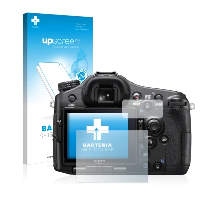 Face avant d’un emballage produit avec le logo de la marque upscreen. À côté, l’appareil Sony Alpha 77 II (SLT-A77 II) est rep