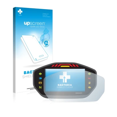 Face avant d’un emballage produit avec le logo de la marque upscreen. À côté, l’appareil Ducati Monster 1200S Colour-TFT-Displ