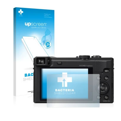 Face avant d’un emballage produit avec le logo de la marque upscreen. À côté, l’appareil Panasonic Lumix DMC-TZ60 est représen