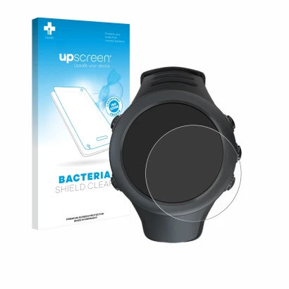 Face avant d’un emballage produit avec le logo de la marque upscreen. À côté, l’appareil Suunto Ambit3 Sport Black est représe