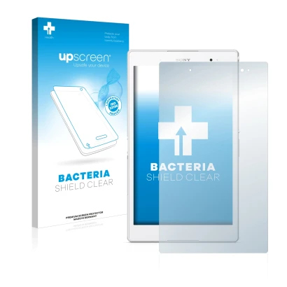 Face avant d’un emballage produit avec le logo de la marque upscreen. À côté, l’appareil Sony Xperia Z3 Tablet Compact SGP621