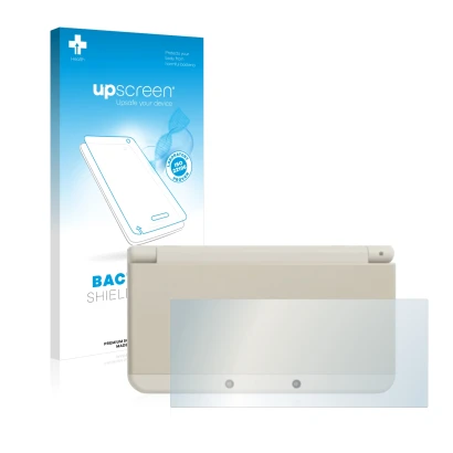 Face avant d’un emballage produit avec le logo de la marque upscreen. À côté, l’appareil Nintendo New 3DS (boîtier) est représ