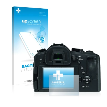Face avant d’un emballage produit avec le logo de la marque upscreen. À côté, l’appareil Leica V-LUX (Typ 114) est représenté 