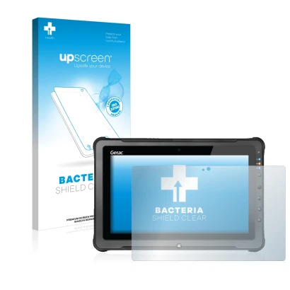 Face avant d’un emballage produit avec le logo de la marque upscreen. À côté, l’appareil Getac F110 G5 est représenté avec la 