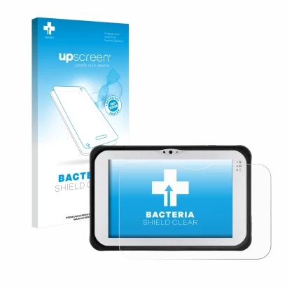 Face avant d’un emballage produit avec le logo de la marque upscreen. À côté, l’appareil Panasonic Toughpad FZ-M1 est représen