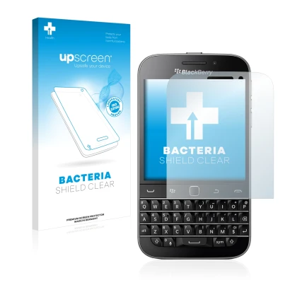 Face avant d’un emballage produit avec le logo de la marque upscreen. À côté, l’appareil Blackberry Classic Q20 est représenté