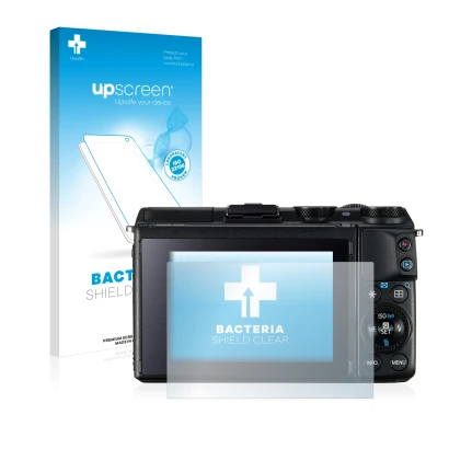 Face avant d’un emballage produit avec le logo de la marque upscreen. À côté, l’appareil Canon EOS M3 est représenté avec la p