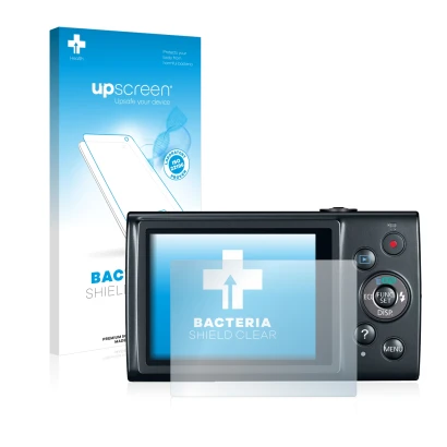 Face avant d’un emballage produit avec le logo de la marque upscreen. À côté, l’appareil Canon IXUS 170 est représenté avec la
