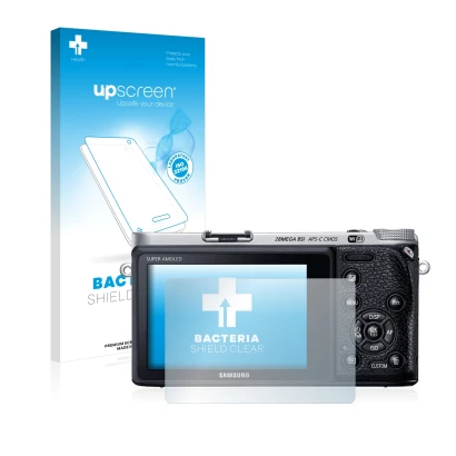 Face avant d’un emballage produit avec le logo de la marque upscreen. À côté, l’appareil Samsung NX500 est représenté avec la