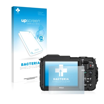 Face avant d’un emballage produit avec le logo de la marque upscreen. À côté, l’appareil Nikon Coolpix AW130 est représenté av