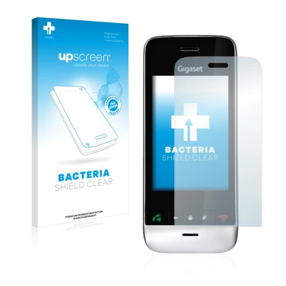 Face avant d’un emballage produit avec le logo de la marque upscreen. À côté, l’appareil Gigaset SL910 (découpe allongée) est