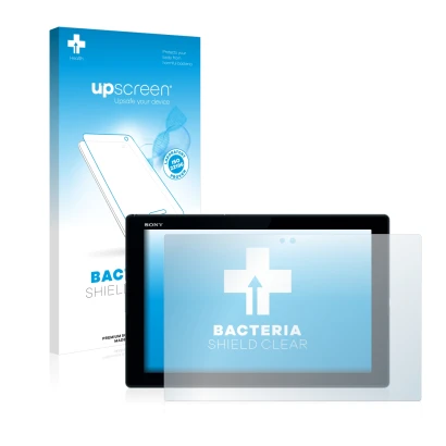 Face avant d’un emballage produit avec le logo de la marque upscreen. À côté, l’appareil Sony Xperia Z4 Tablet est représenté