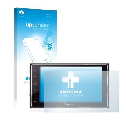 Face avant d’un emballage produit avec le logo de la marque upscreen. À côté, l’appareil Pioneer SPH-DA120 est représenté avec