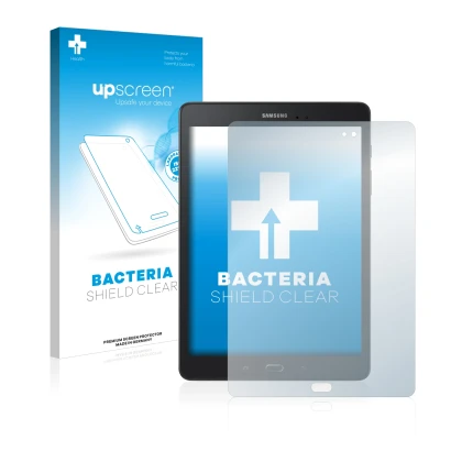 Face avant d’un emballage produit avec le logo de la marque upscreen. À côté, l’appareil Samsung Galaxy Tab A 9.7 est représen