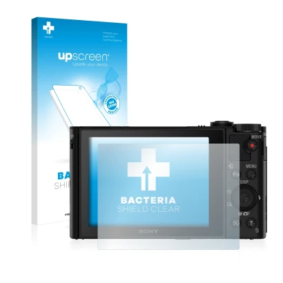 Face avant d’un emballage produit avec le logo de la marque upscreen. À côté, l’appareil Sony Cyber-Shot DSC-WX500 est représe