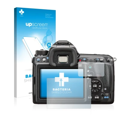 Face avant d’un emballage produit avec le logo de la marque upscreen. À côté, l’appareil Pentax K-3 II est représenté avec la 
