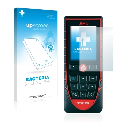 Face avant d’un emballage produit avec le logo de la marque upscreen. À côté, l’appareil Leica DISTO D510 est représenté avec 