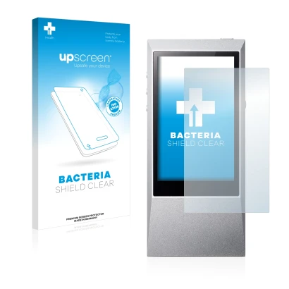 Face avant d’un emballage produit avec le logo de la marque upscreen. À côté, l’appareil Astell&Kern AK Jr est représenté avec