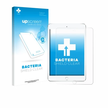 Face avant d’un emballage produit avec le logo de la marque upscreen. À côté, l’appareil Apple iPad Mini 4 2015 est représenté