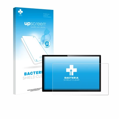 Face avant d’un emballage produit avec le logo de la marque upscreen. À côté, l’appareil est représenté avec la protection d’é
