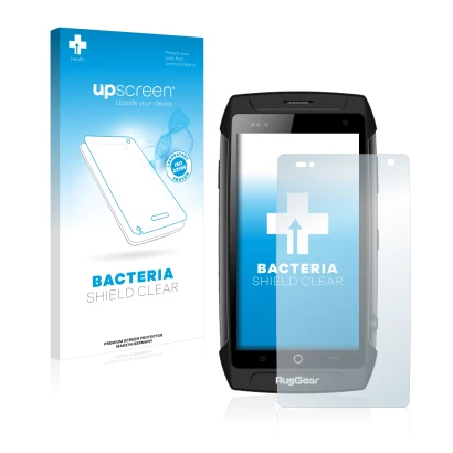 Face avant d’un emballage produit avec le logo de la marque upscreen. À côté, l’appareil RugGear RG730 est représenté avec la 