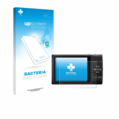 Face avant d’un emballage produit avec le logo de la marque upscreen. À côté, l’appareil Canon Digital Ixus 285 hs est représe