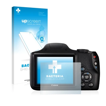 Face avant d’un emballage produit avec le logo de la marque upscreen. À côté, l’appareil Canon PowerShot SX540 HS est représen