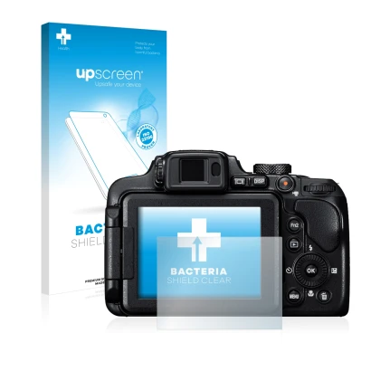 Face avant d’un emballage produit avec le logo de la marque upscreen. À côté, l’appareil Nikon Coolpix B700 est représenté ave