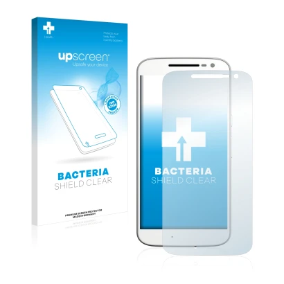 Face avant d’un emballage produit avec le logo de la marque upscreen. À côté, l’appareil Motorola Moto G4 est représenté avec