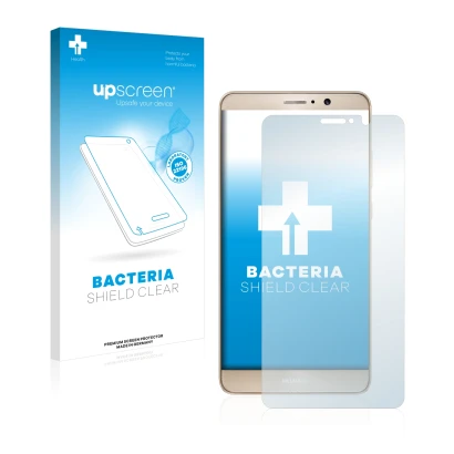 Face avant d’un emballage produit avec le logo de la marque upscreen. À côté, l’appareil Huawei Mate 9 est représenté avec la 
