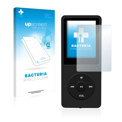 Face avant d’un emballage produit avec le logo de la marque upscreen. À côté, l’appareil AGPtek 8GB MP3-Player est représenté 