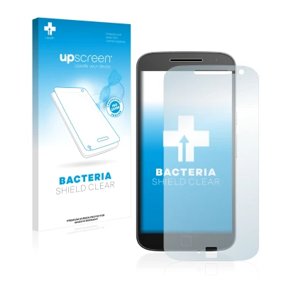Face avant d’un emballage produit avec le logo de la marque upscreen. À côté, l’appareil Motorola Moto G4 Plus est représenté