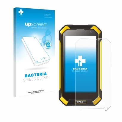 Face avant d’un emballage produit avec le logo de la marque upscreen. À côté, l’appareil Blackview BV6000 est représenté avec
