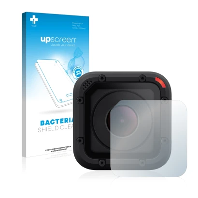 Face avant d’un emballage produit avec le logo de la marque upscreen. À côté, l’appareil GoPro Hero Session est représenté ave