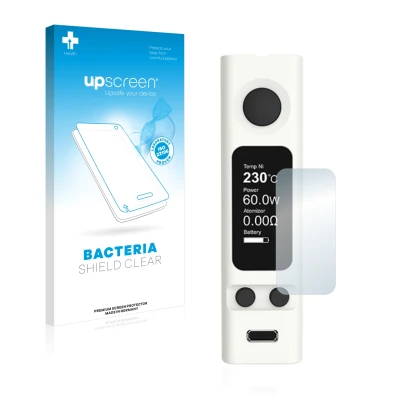 Face avant d’un emballage produit avec le logo de la marque upscreen. À côté, l’appareil Joyetech eVic VTwo Mini est représent