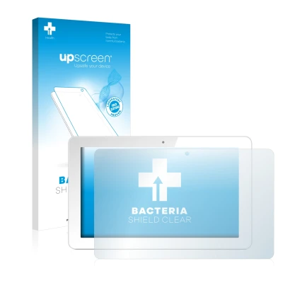 Face avant d’un emballage produit avec le logo de la marque upscreen. À côté, l’appareil Odys Rise 10 Quad est représenté avec